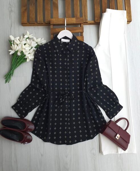 KULFE DESENLİ BELİ İPLİ SALAŞ GÖMLEK TUNİK A6-6-5704-01-SİYAH - 1