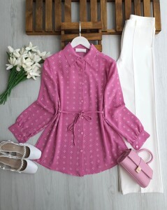 KULFE DESENLİ BELİ İPLİ SALAŞ GÖMLEK TUNİK 5704-05-PUDRA - 