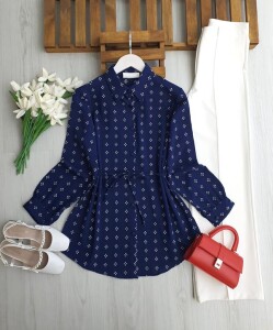 KULFE DESENLİ BELİ İPLİ SALAŞ GÖMLEK TUNİK A6-6-5704-12-LACİVERT - 1