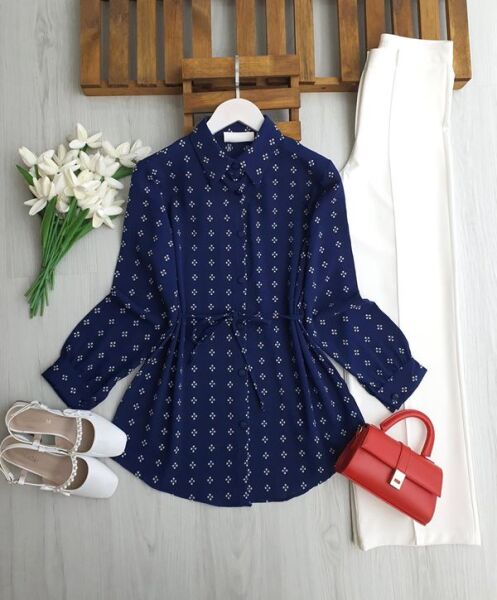 KULFE DESENLİ BELİ İPLİ SALAŞ GÖMLEK TUNİK A6-6-5704-12-LACİVERT - 1