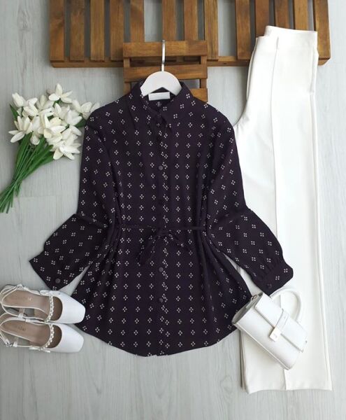 KULFE DESENLİ BELİ İPLİ SALAŞ GÖMLEK TUNİK 5704-18-MÜRDÜM - 1