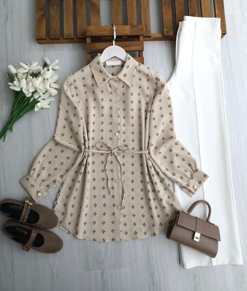 KULFE DESENLİ BELİ İPLİ SALAŞ GÖMLEK TUNİK 5704-34-BEJ - 1