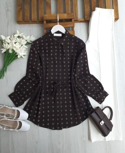 KULFE DESENLİ BELİ İPLİ SALAŞ GÖMLEK TUNİK A6-6-5704-37-KAHVE - 1