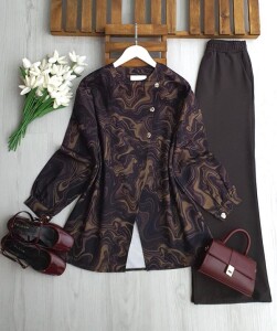 KULME ÜÇ DÜĞME DARBE DESEN CEKET PANTOLON TAKIM 1742-09-HAKİ - 1