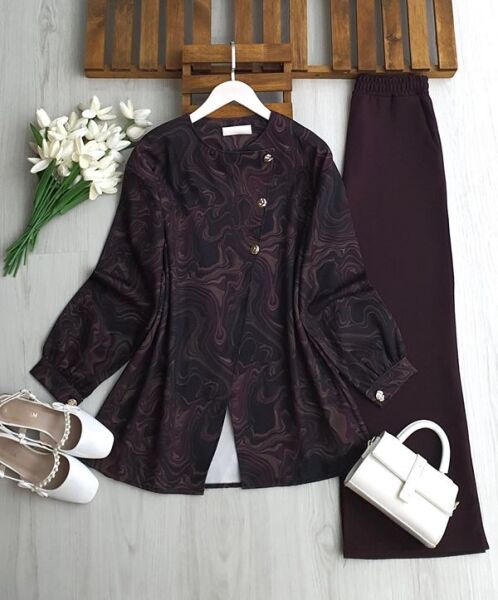 KULME ÜÇ DÜĞME DARBE DESEN CEKET PANTOLON TAKIM 1742-18-MÜRDÜM - 1