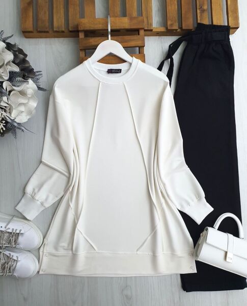 KUNFA DÜĞME DETAYLI ÇİMALI SALAŞ TUNİK A3-4-5621-20-BEYAZ - 1