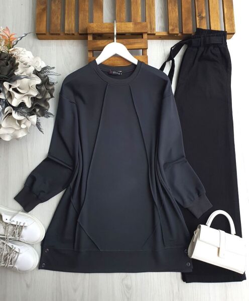 KUNFA DÜĞME DETAYLI ÇİMALI SALAŞ TUNİK A3-4-5621-58-FÜME - 1