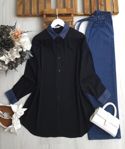 KUNFA KOT YAKA VİSKON OVERSİZE GÖMLEK TUNİK C11-5540-01-SİYAH - 