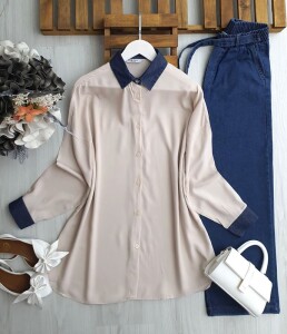 KUNFA KOT YAKA VİSKON OVERSİZE GÖMLEK TUNİK C2-5540-34-BEJ - 1