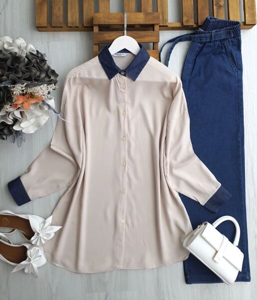 KUNFA KOT YAKA VİSKON OVERSİZE GÖMLEK TUNİK C2-5540-34-BEJ - 1