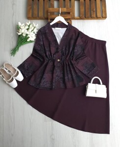 KUNFES TEK DÜĞME ETNİK DESEN CEKET ETEKLİ TAKIM 1729-18-MÜRDÜM - 