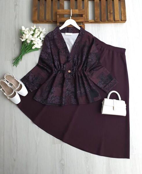 KUNFES TEK DÜĞME ETNİK DESEN CEKET ETEKLİ TAKIM 1729-18-MÜRDÜM - 1