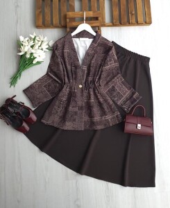 KUNFES TEK DÜĞME ETNİK DESEN CEKET ETEKLİ TAKIM 1729-37-KAHVE - 1