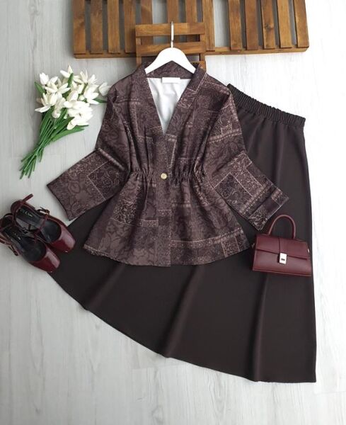 KUNFES TEK DÜĞME ETNİK DESEN CEKET ETEKLİ TAKIM 1729-37-KAHVE - 1