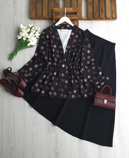 KUNFES TEK DÜĞME PUANTİYE DESEN CEKET ETEKLİ TAKIM 1730-01-SİYAH - 1