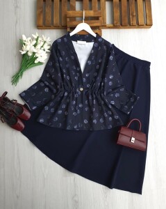 KUNFES TEK DÜĞME PUANTİYE DESEN CEKET ETEKLİ TAKIM 1730-12-LACİVERT - 