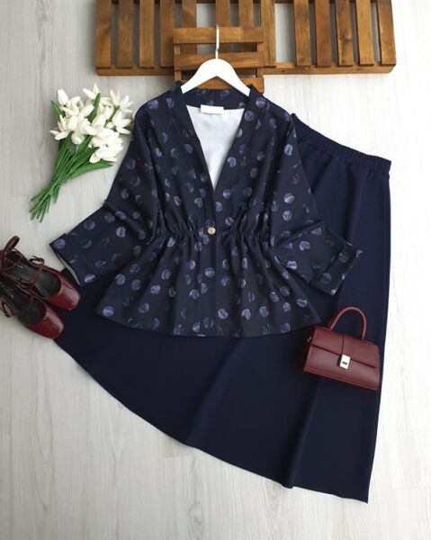 KUNFES TEK DÜĞME PUANTİYE DESEN CEKET ETEKLİ TAKIM 1730-12-LACİVERT - 1