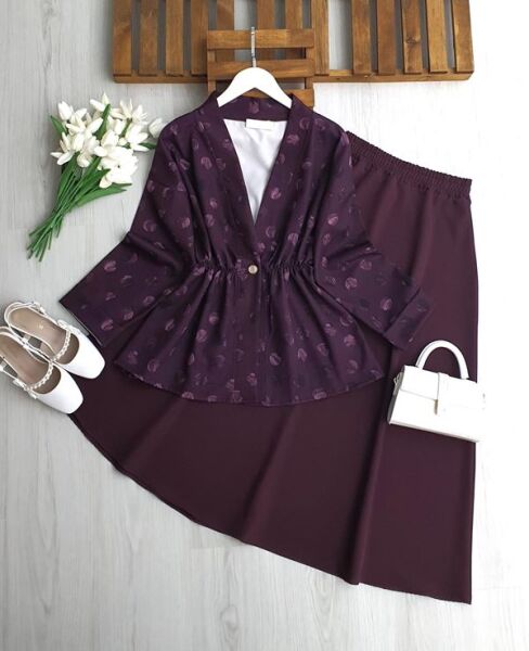 KUNFES TEK DÜĞME PUANTİYE DESEN CEKET ETEKLİ TAKIM B6-1-1730-18-MÜRDÜM - 1