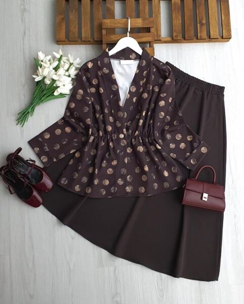 KUNFES TEK DÜĞME PUANTİYE DESEN CEKET ETEKLİ TAKIM B6-1-1730-37-KAHVE - 1