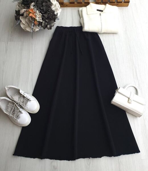 KUSLA PÜSKÜLLÜ CEPLİ BELİ LASTİKLİ GABARDİN ETEK 6079-01-SİYAH - 1