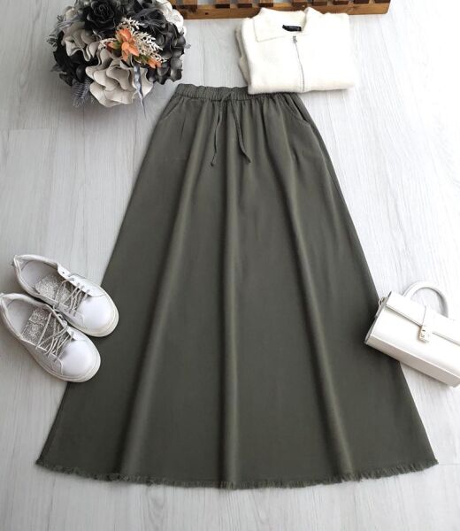 KUSLA PÜSKÜLLÜ CEPLİ BELİ LASTİKLİ GABARDİN ETEK 6079-09-HAKİ - 1