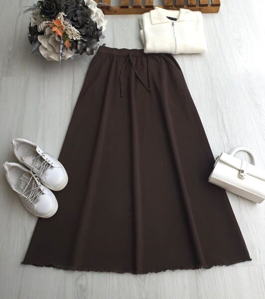 KUSLA PÜSKÜLLÜ CEPLİ BELİ LASTİKLİ GABARDİN ETEK B9-2-6079-37-KAHVE - 1