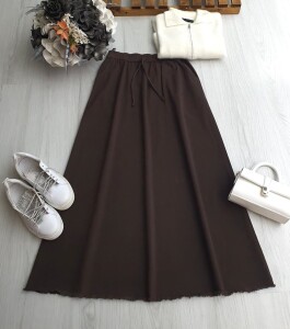 KUSLA PÜSKÜLLÜ CEPLİ BELİ LASTİKLİ GABARDİN ETEK 6079-37-KAHVE - 1