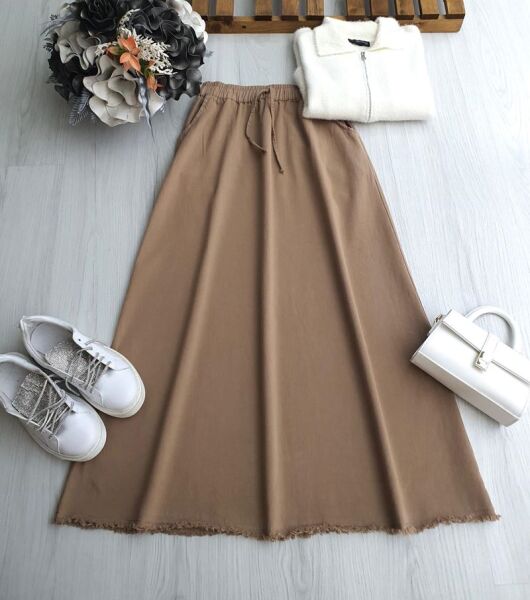 KUSLA PÜSKÜLLÜ CEPLİ BELİ LASTİKLİ GABARDİN ETEK 6079-48-BİSKÜVİ - 1