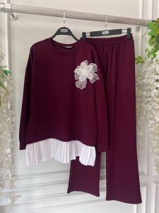 KUVES ÖNÜ AKSESUARLI PİLİSELİ BEYAZ PARÇALI İKİLİ TAKIM C10-1669-04-BORDO - 