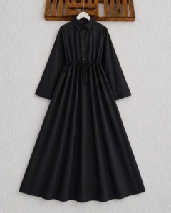 KUVH BELİ BAĞCIKLI CEPLİ YARIM DÜĞMELİ ELBİSE 2431-01-SİYAH - 