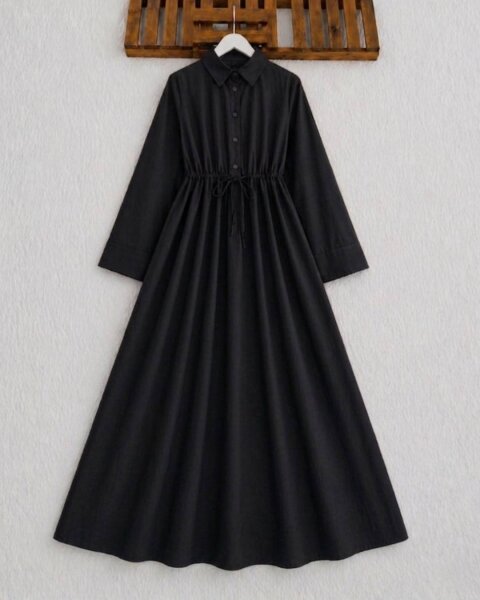 KUVH BELİ BAĞCIKLI CEPLİ YARIM DÜĞMELİ ELBİSE 2431-01-SİYAH - 1