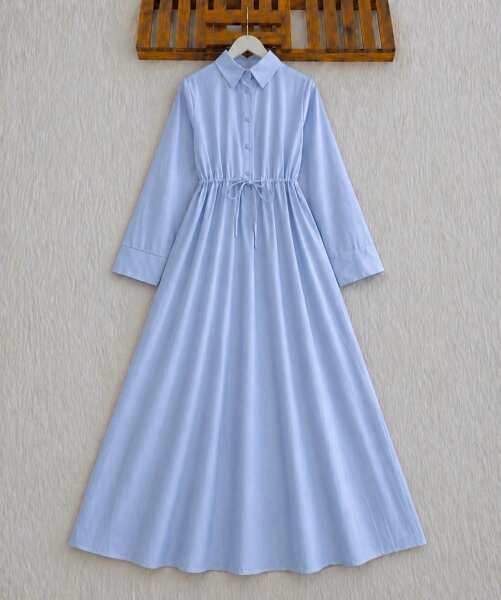 KUVH BELİ BAĞCIKLI CEPLİ YARIM DÜĞMELİ ELBİSE 2431-10-MAVİ - 1