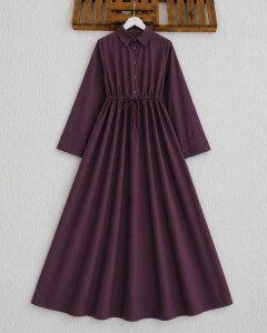 KUVH BELİ BAĞCIKLI CEPLİ YARIM DÜĞMELİ ELBİSE 2431-18-MÜRDÜM - 