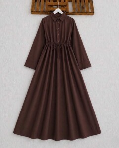KUVH BELİ BAĞCIKLI CEPLİ YARIM DÜĞMELİ ELBİSE 2431-37-KAHVE - 