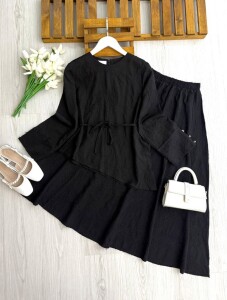 LAGD ASİMETRİK KESİM BELİ İPLİ BRODE ETEKLİ TAKIM B5-2-1755-01-SİYAH - 