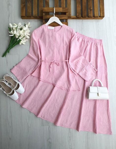 LAGD ASİMETRİK KESİM BELİ İPLİ BRODE ETEKLİ TAKIM 1755-05-PUDRA - 1