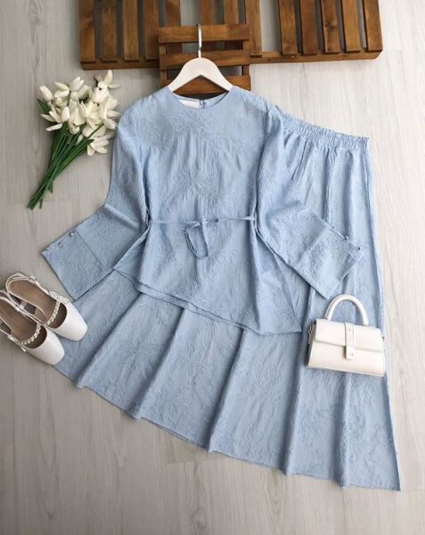 LAGD ASİMETRİK KESİM BELİ İPLİ BRODE ETEKLİ TAKIM 1755-10-MAVİ - 1