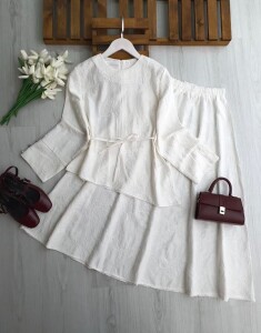 LAGD ASİMETRİK KESİM BELİ İPLİ BRODE ETEKLİ TAKIM 1755-20-BEYAZ - 1