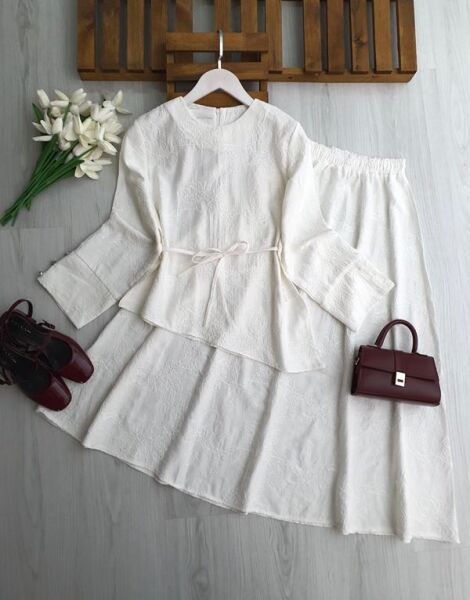 LAGD ASİMETRİK KESİM BELİ İPLİ BRODE ETEKLİ TAKIM 1755-20-BEYAZ - 1