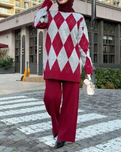 LAHEN ELMAS DESENLİ TRİKO TAKIM B3-1--8152-04-BORDO - 