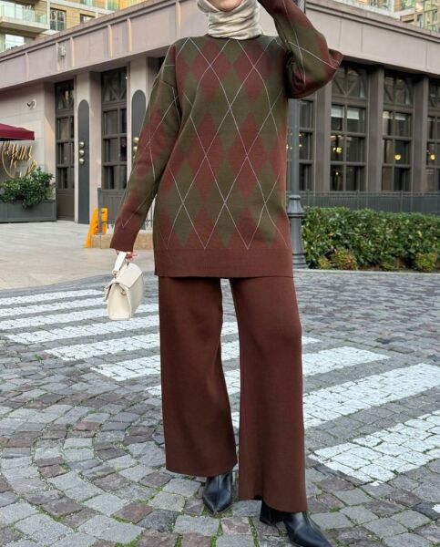 LAHEN ELMAS DESENLİ TRİKO TAKIM B3-1-8152-37-KAHVE - 1