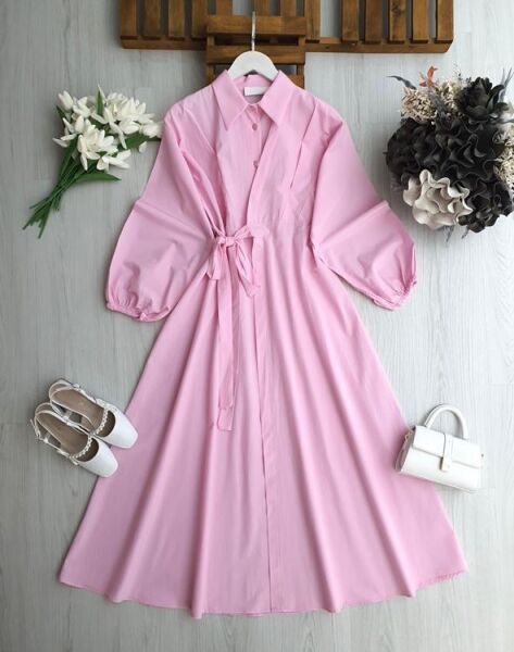 LANDE BOYDAN YAN BAĞLAMA PARÇALI YARIM DÜĞMELİ ELBİSE 2419-05-PUDRA - 1