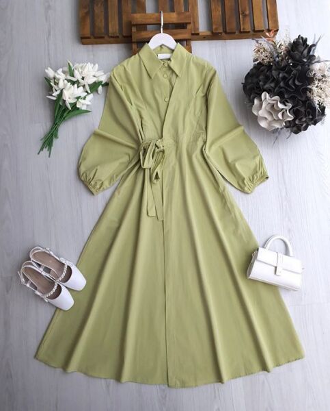 LANDE BOYDAN YAN BAĞLAMA PARÇALI YARIM DÜĞMELİ ELBİSE 2419-07-YEŞİL - 1