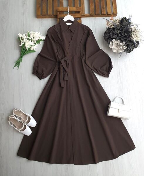 LANDE BOYDAN YAN BAĞLAMA PARÇALI YARIM DÜĞMELİ ELBİSE 2419-37-KAHVE - 1