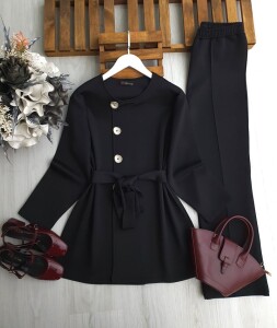 LANEC YAN DÜĞMELİ BELİ İPLİ İKİLİ TAKIM 1702-01-SİYAH - 1