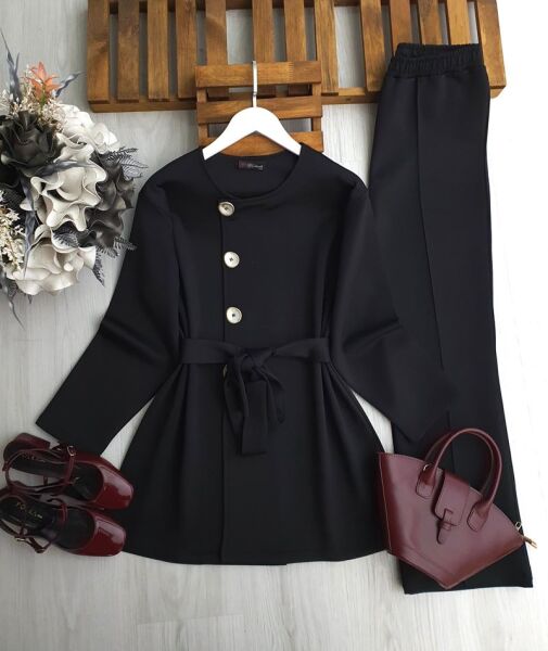 LANEC YAN DÜĞMELİ BELİ İPLİ İKİLİ TAKIM 1702-01-SİYAH - 1