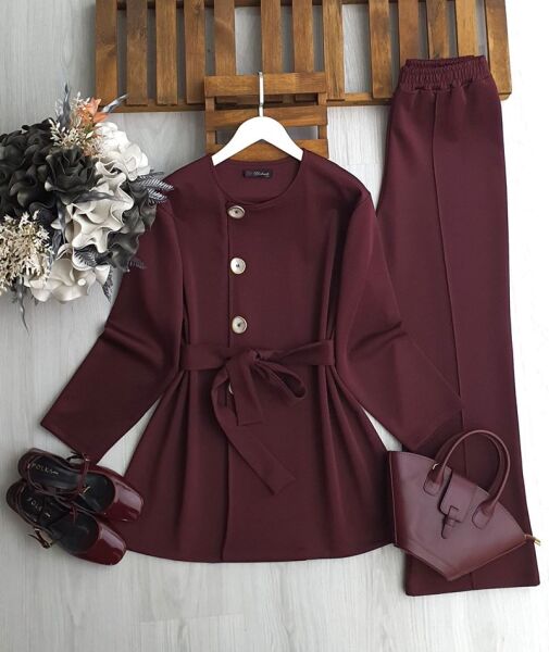 LANEC YAN DÜĞMELİ BELİ İPLİ İKİLİ TAKIM 1702-04-BORDO - 1