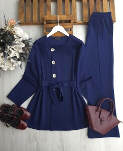 LANEC YAN DÜĞMELİ BELİ İPLİ İKİLİ TAKIM 1702-12-LACİVERT - 1