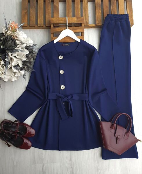 LANEC YAN DÜĞMELİ BELİ İPLİ İKİLİ TAKIM 1702-12-LACİVERT - 1