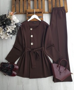 LANEC YAN DÜĞMELİ BELİ İPLİ İKİLİ TAKIM 1702-37-KAHVE - 1